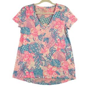 Lilly Pulitzer Etta V-Neck Shirt S New Pink Isle Snappy‎ Turtle Tropical Cotton